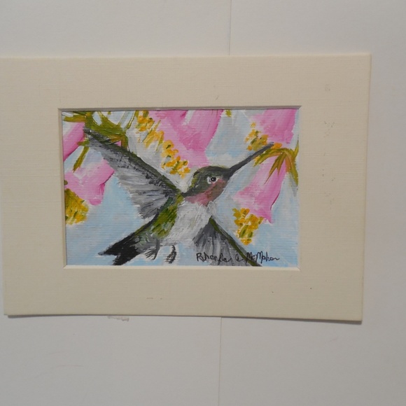 Hummingbird Pink Nectar Flowers Watercolor HAND CRAFTED Painting - Picture 3 of 5